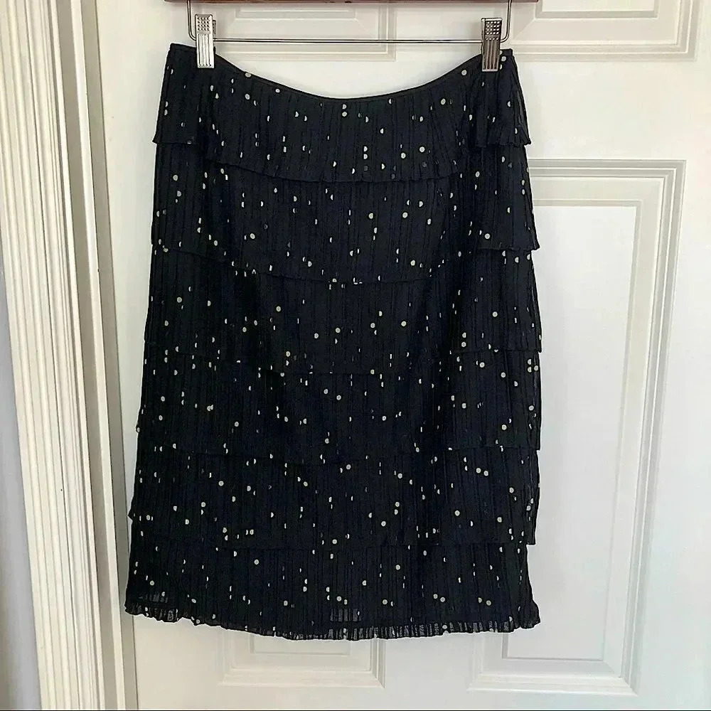 Kay Unger black and gold polkadot ruffle tiered pencil skirt size 4
